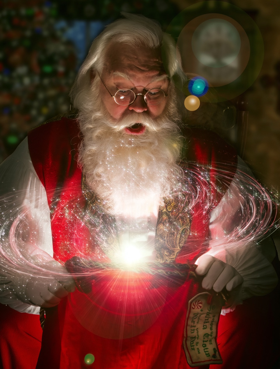Santa holding a glowing light in a studio shoot